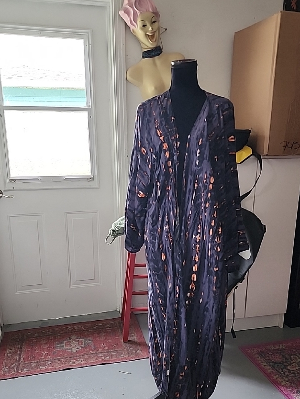 Kimono Black Dark Grey Long Duster Cardigan with Rust Accents OS Cotton